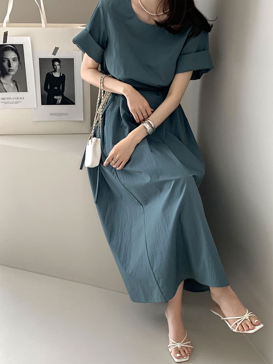 단색 라운드 넥 부서 벨트 반팔 드레스 롱 스커트 미니멀리즘 바람 품격 한국 스타일 chic 빛 요리 한 패션 상세 이미지 6
