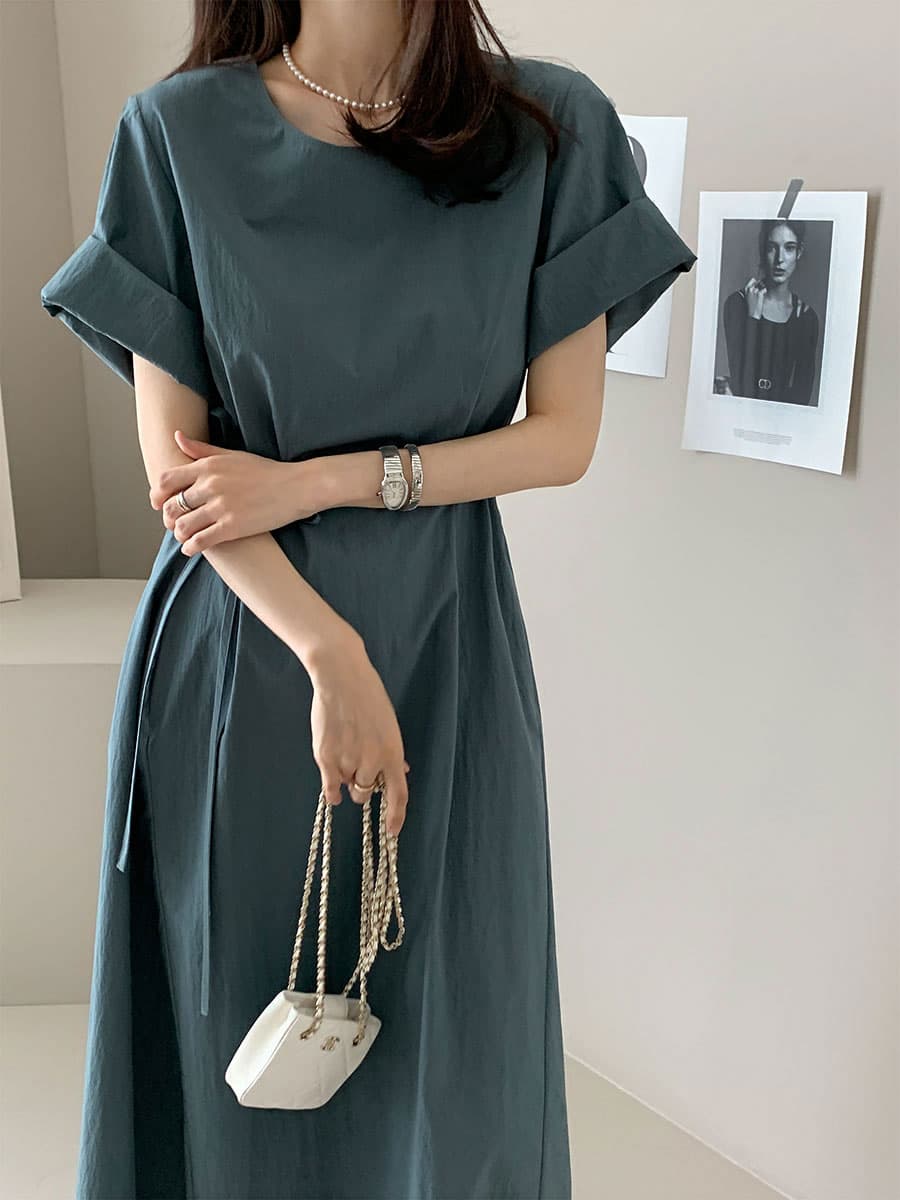 단색 라운드 넥 부서 벨트 반팔 드레스 롱 스커트 미니멀리즘 바람 품격 한국 스타일 chic 빛 요리 한 패션 상세 이미지 7