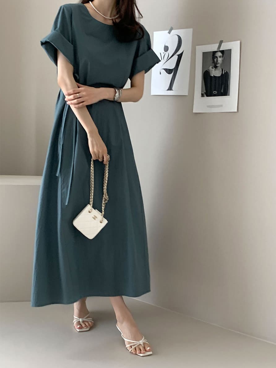 단색 라운드 넥 부서 벨트 반팔 드레스 롱 스커트 미니멀리즘 바람 품격 한국 스타일 chic 빛 요리 한 패션 상세 이미지 8