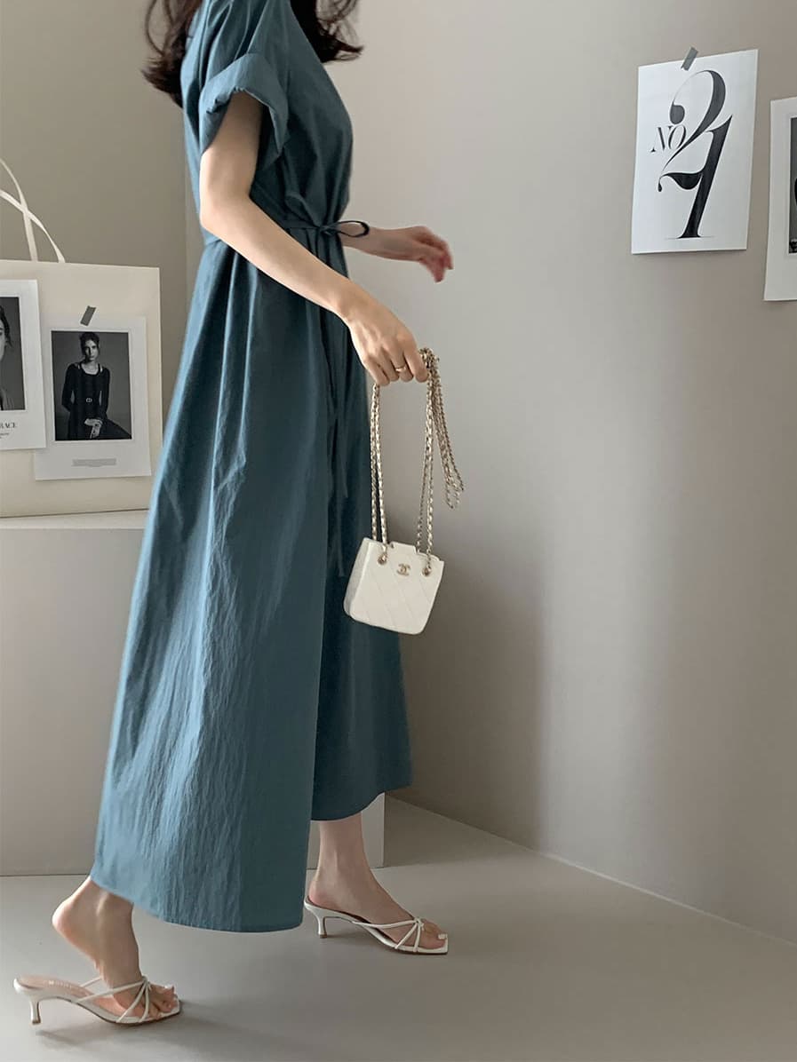 단색 라운드 넥 부서 벨트 반팔 드레스 롱 스커트 미니멀리즘 바람 품격 한국 스타일 chic 빛 요리 한 패션 상세 이미지 9
