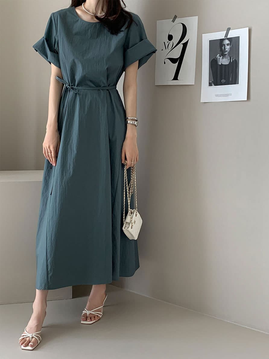 단색 라운드 넥 부서 벨트 반팔 드레스 롱 스커트 미니멀리즘 바람 품격 한국 스타일 chic 빛 요리 한 패션 상세 이미지 10