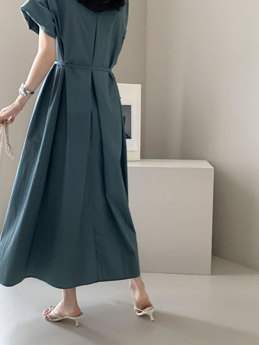 단색 라운드 넥 부서 벨트 반팔 드레스 롱 스커트 미니멀리즘 바람 품격 한국 스타일 chic 빛 요리 한 패션 상세 이미지 11