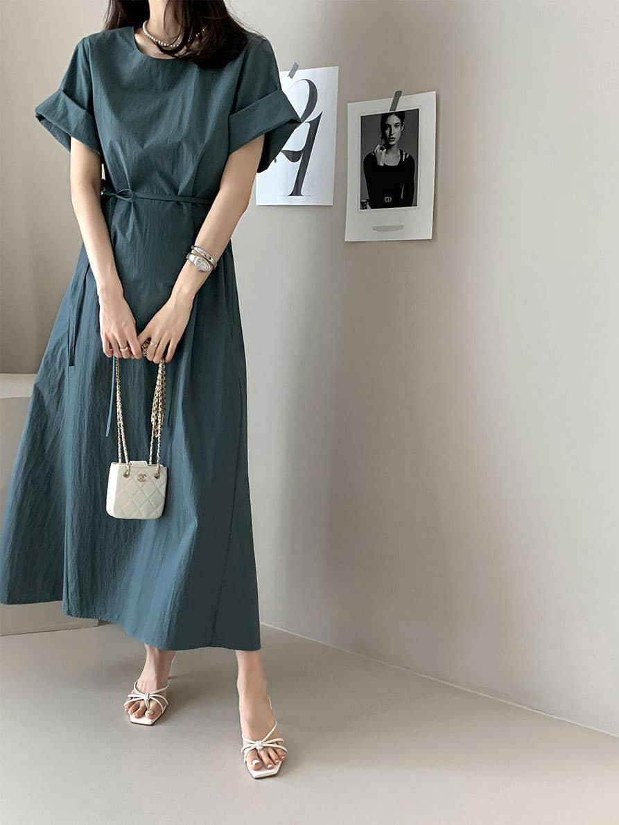단색 라운드 넥 부서 벨트 반팔 드레스 롱 스커트 미니멀리즘 바람 품격 한국 스타일 chic 빛 요리 한 패션 상세 이미지 14