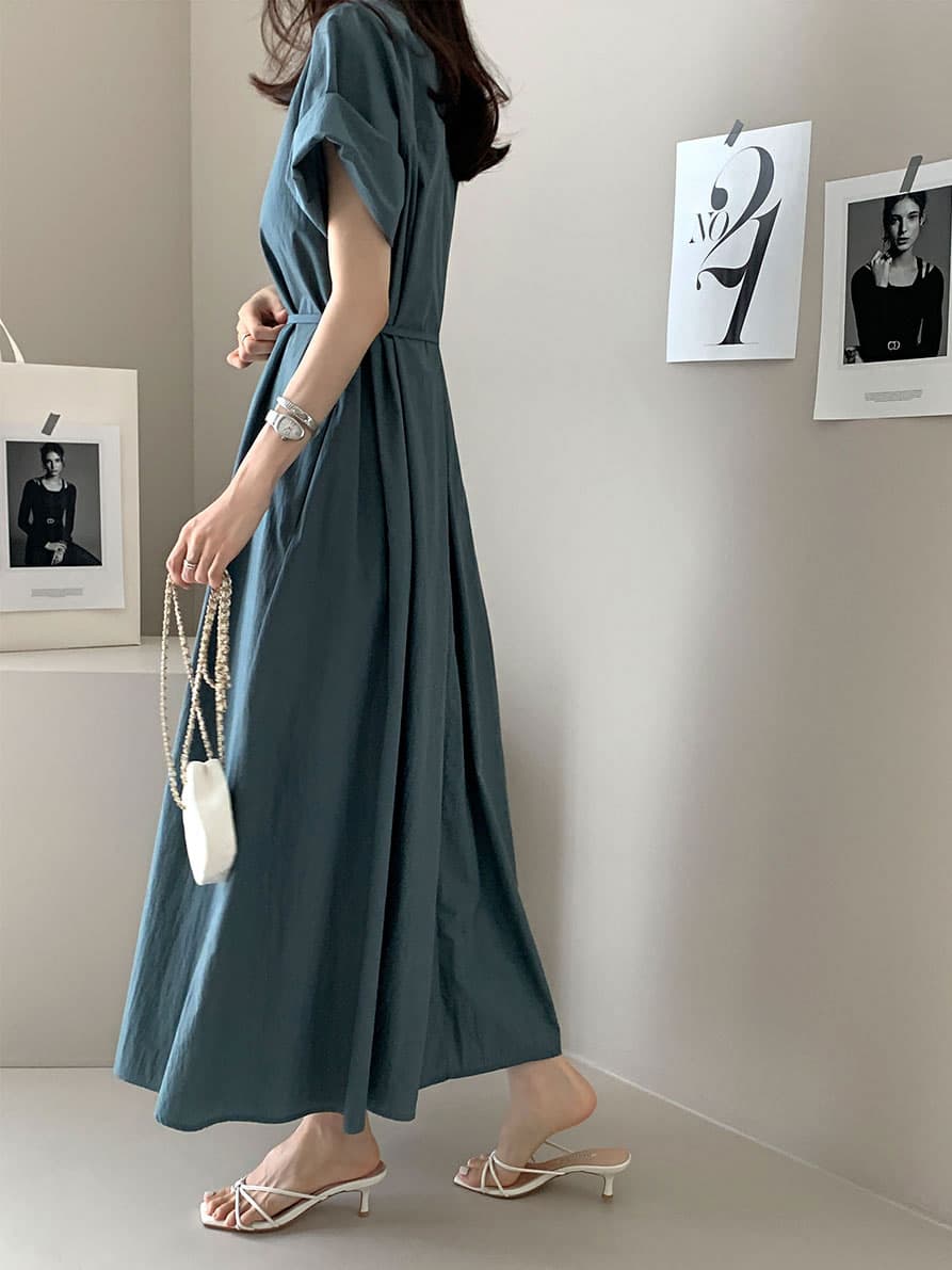 단색 라운드 넥 부서 벨트 반팔 드레스 롱 스커트 미니멀리즘 바람 품격 한국 스타일 chic 빛 요리 한 패션 상세 이미지 16