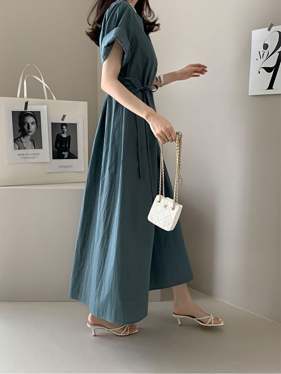 단색 라운드 넥 부서 벨트 반팔 드레스 롱 스커트 미니멀리즘 바람 품격 한국 스타일 chic 빛 요리 한 패션 상세 이미지 17