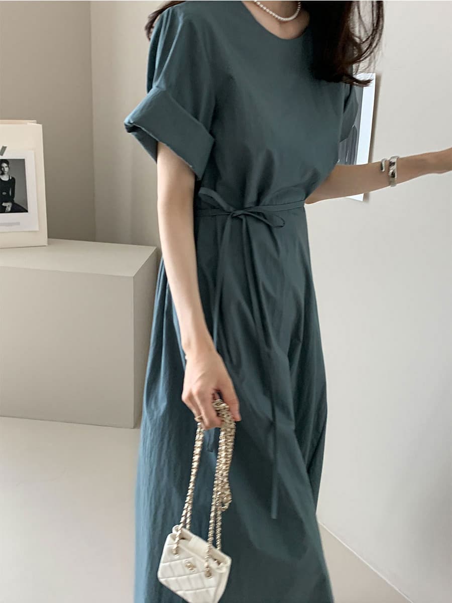 단색 라운드 넥 부서 벨트 반팔 드레스 롱 스커트 미니멀리즘 바람 품격 한국 스타일 chic 빛 요리 한 패션 상세 이미지 18
