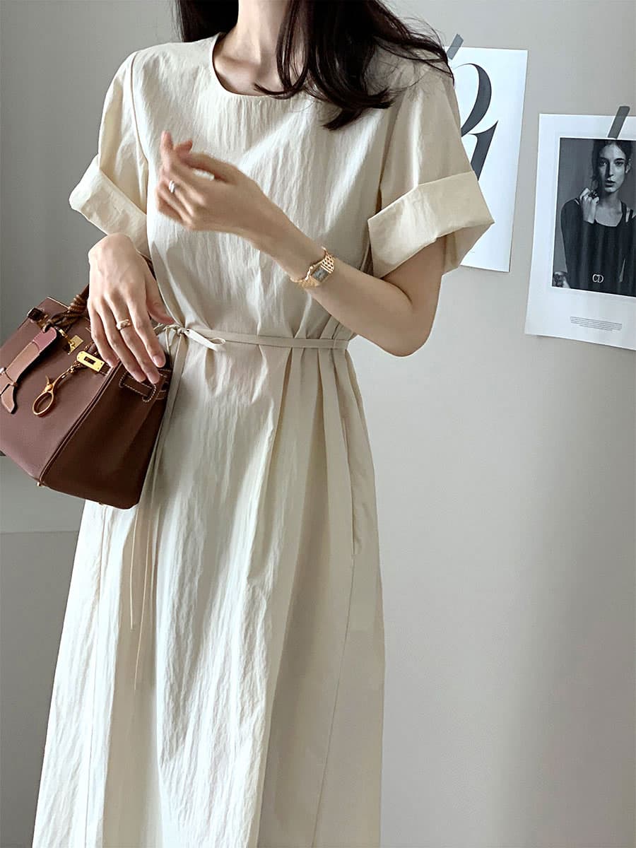 단색 라운드 넥 부서 벨트 반팔 드레스 롱 스커트 미니멀리즘 바람 품격 한국 스타일 chic 빛 요리 한 패션 상세 이미지 19