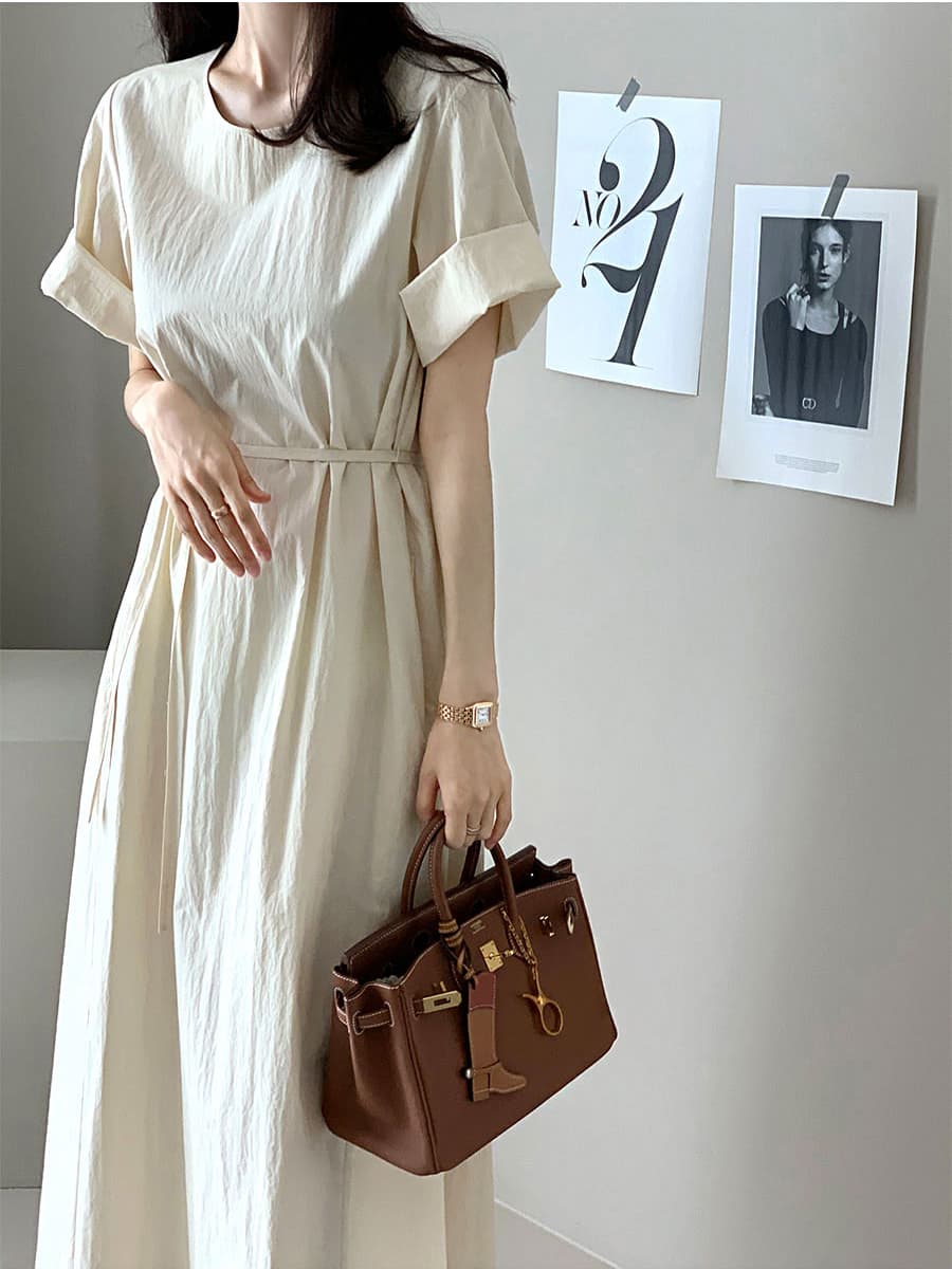 단색 라운드 넥 부서 벨트 반팔 드레스 롱 스커트 미니멀리즘 바람 품격 한국 스타일 chic 빛 요리 한 패션 상세 이미지 20