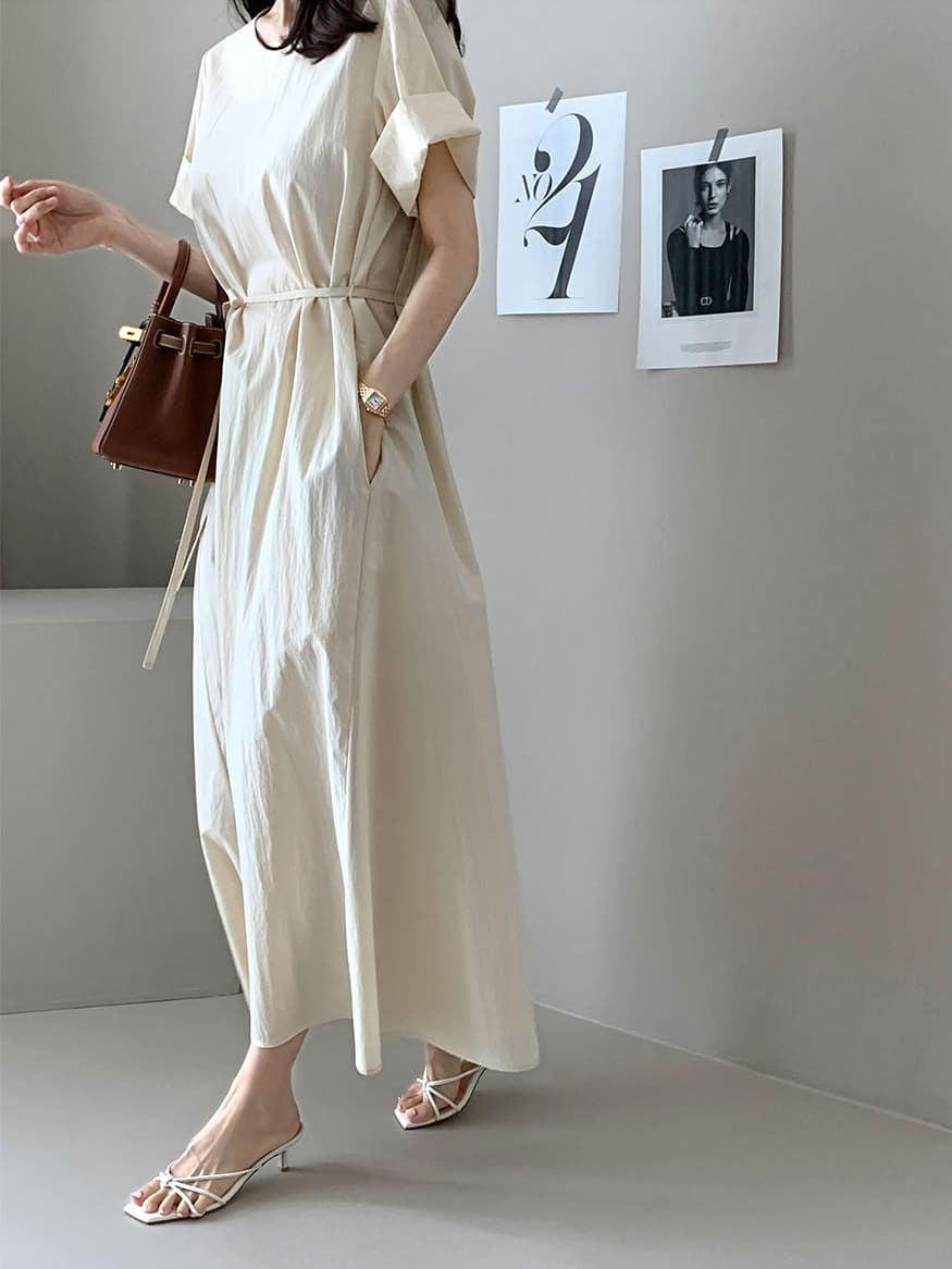 단색 라운드 넥 부서 벨트 반팔 드레스 롱 스커트 미니멀리즘 바람 품격 한국 스타일 chic 빛 요리 한 패션 상세 이미지 23