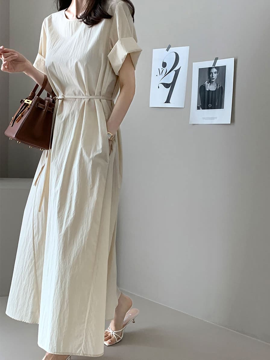 단색 라운드 넥 부서 벨트 반팔 드레스 롱 스커트 미니멀리즘 바람 품격 한국 스타일 chic 빛 요리 한 패션 상세 이미지 24