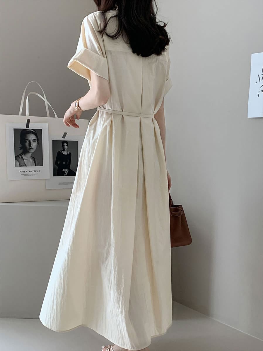 단색 라운드 넥 부서 벨트 반팔 드레스 롱 스커트 미니멀리즘 바람 품격 한국 스타일 chic 빛 요리 한 패션 상세 이미지 25