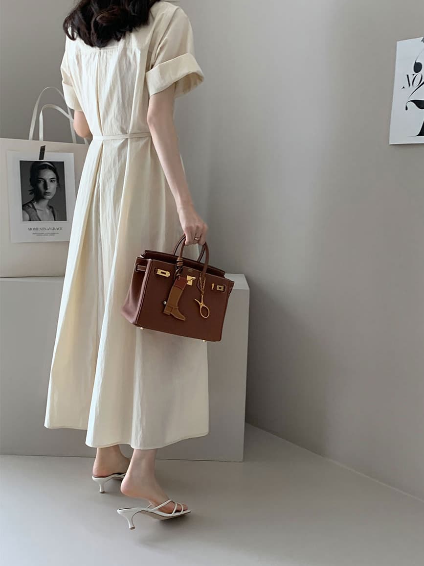 단색 라운드 넥 부서 벨트 반팔 드레스 롱 스커트 미니멀리즘 바람 품격 한국 스타일 chic 빛 요리 한 패션 상세 이미지 26