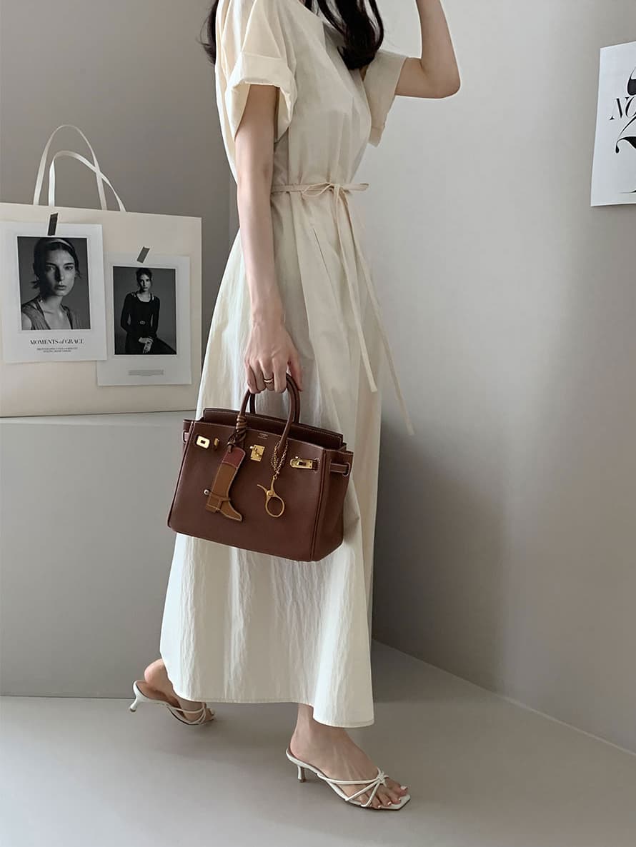 단색 라운드 넥 부서 벨트 반팔 드레스 롱 스커트 미니멀리즘 바람 품격 한국 스타일 chic 빛 요리 한 패션 상세 이미지 27