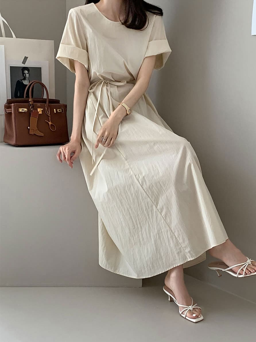 단색 라운드 넥 부서 벨트 반팔 드레스 롱 스커트 미니멀리즘 바람 품격 한국 스타일 chic 빛 요리 한 패션 상세 이미지 28