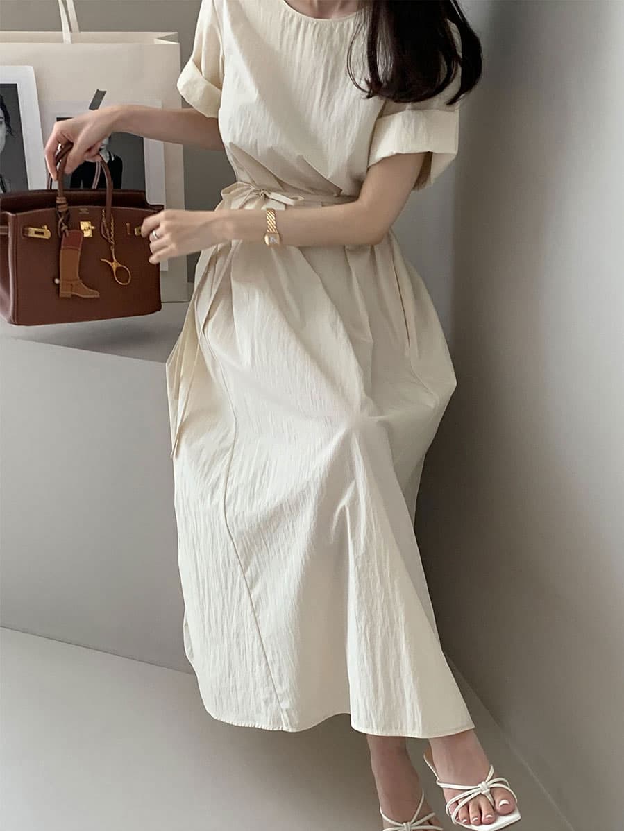 단색 라운드 넥 부서 벨트 반팔 드레스 롱 스커트 미니멀리즘 바람 품격 한국 스타일 chic 빛 요리 한 패션 상세 이미지 29