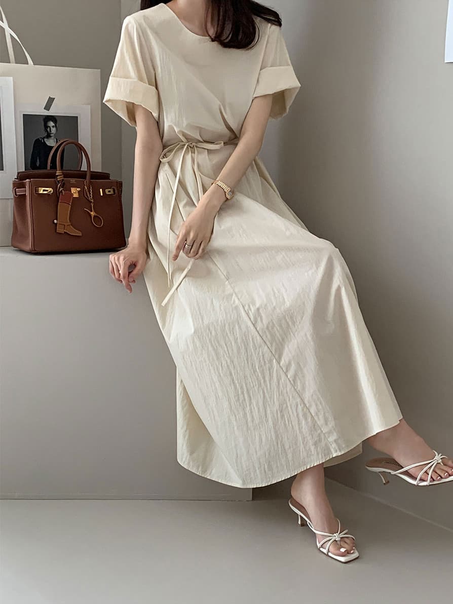 단색 라운드 넥 부서 벨트 반팔 드레스 롱 스커트 미니멀리즘 바람 품격 한국 스타일 chic 빛 요리 한 패션 상세 이미지 30
