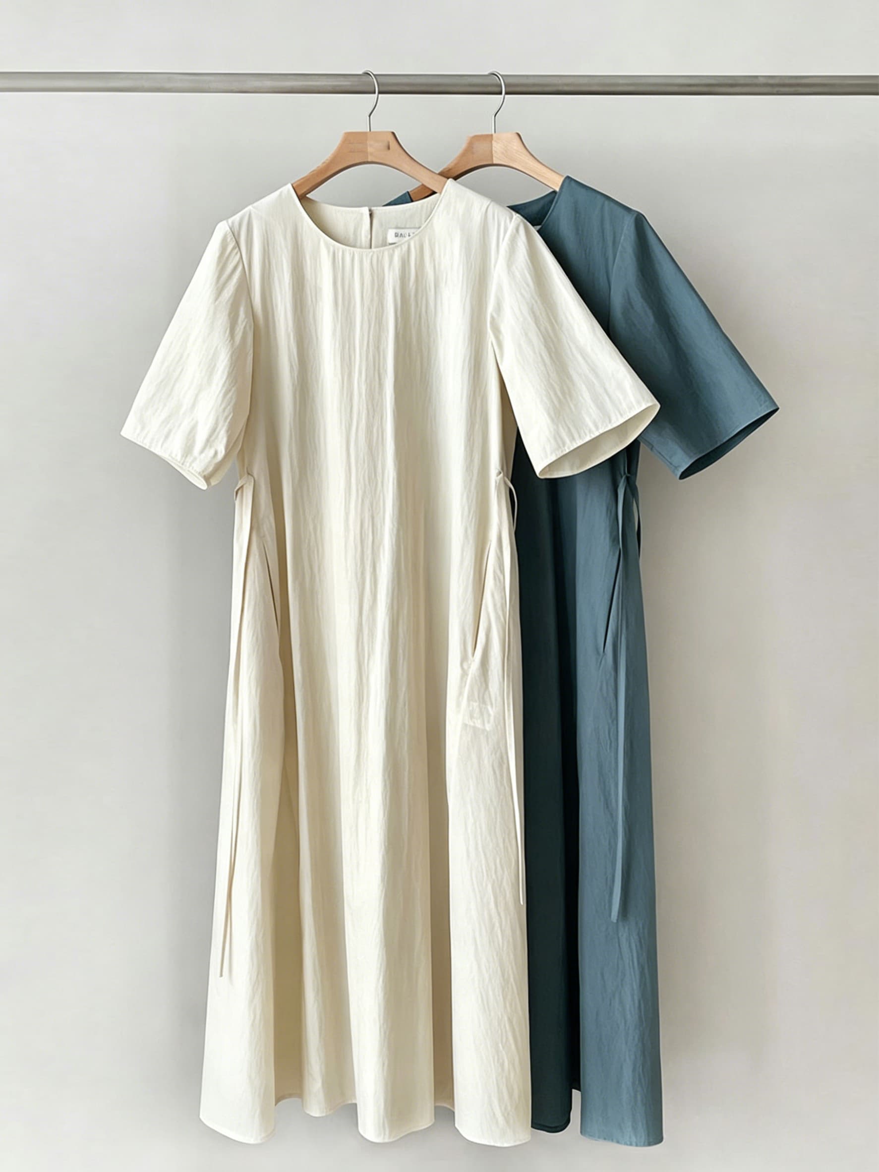 단색 라운드 넥 부서 벨트 반팔 드레스 롱 스커트 미니멀리즘 바람 품격 한국 스타일 chic 빛 요리 한 패션 상세 이미지 31