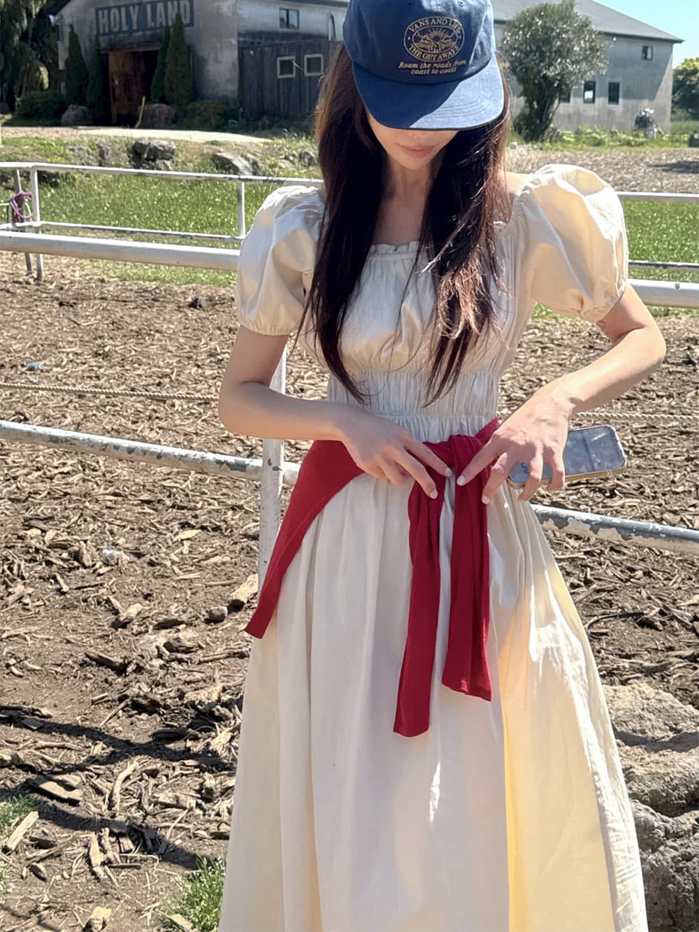 오프숄더 한 단어 둘 착용 칼라 허리 수축 랜턴 반팔 드레스 롱 스커트 한국 스타일 chic 상세 이미지 15