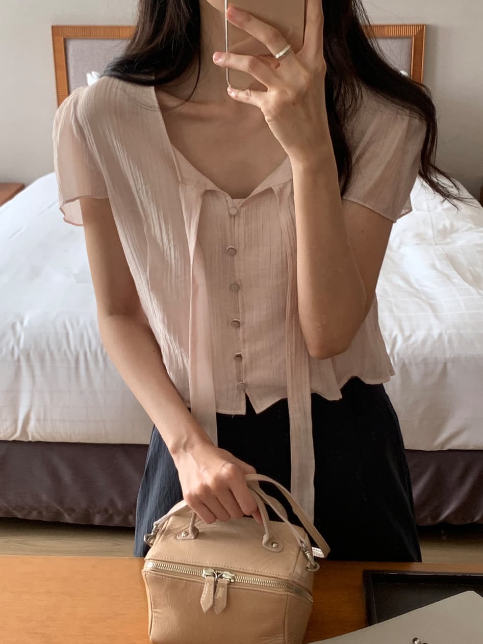 리본 반팔 셔츠 시폰 셔츠 여성 한국 스타일 chic 동대문 같은 단락 상세 이미지 2