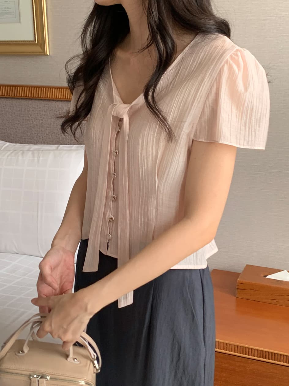 리본 반팔 셔츠 시폰 셔츠 여성 한국 스타일 chic 동대문 같은 단락 상세 이미지 5