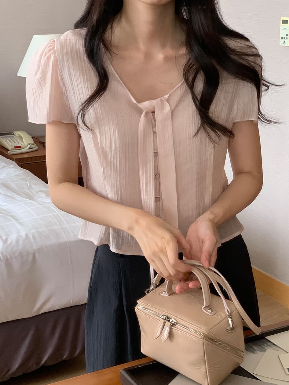 리본 반팔 셔츠 시폰 셔츠 여성 한국 스타일 chic 동대문 같은 단락