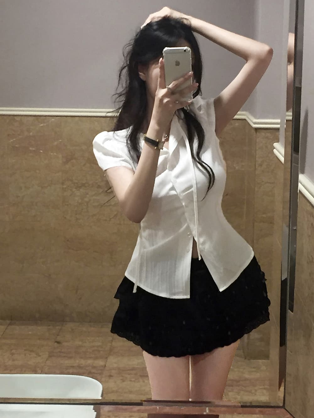 작은 대중 디자인 센스 허리 수축 레이스업 작은 V넥 중간 길이 반팔 여성 셔츠 한국 스타일 chic 상세 이미지 1