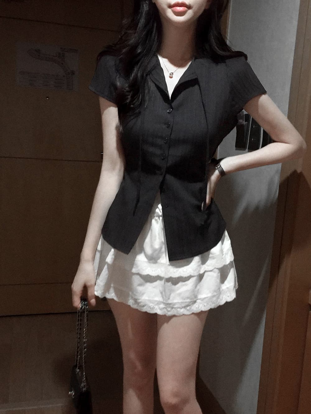 작은 대중 디자인 센스 허리 수축 레이스업 작은 V넥 중간 길이 반팔 여성 셔츠 한국 스타일 chic 상세 이미지 21