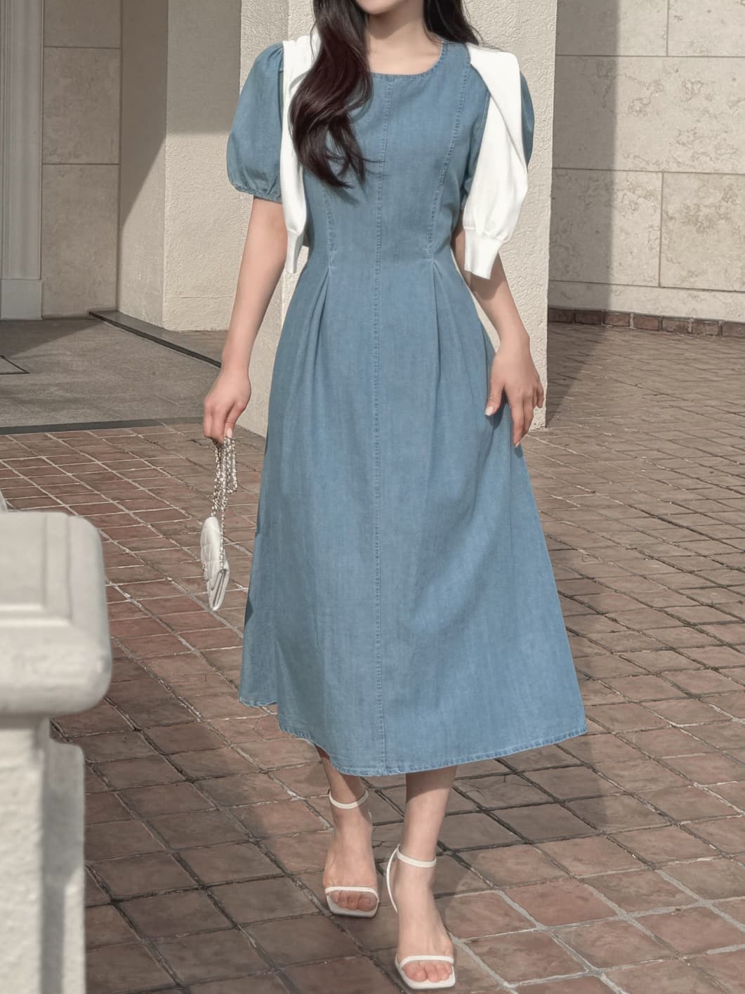 랜턴 반팔 레이스업 데님 드레스 롱 스커트 여성 한국 스타일 chic 빛 요리 한 패션 허리 수축 슬림해 보이는