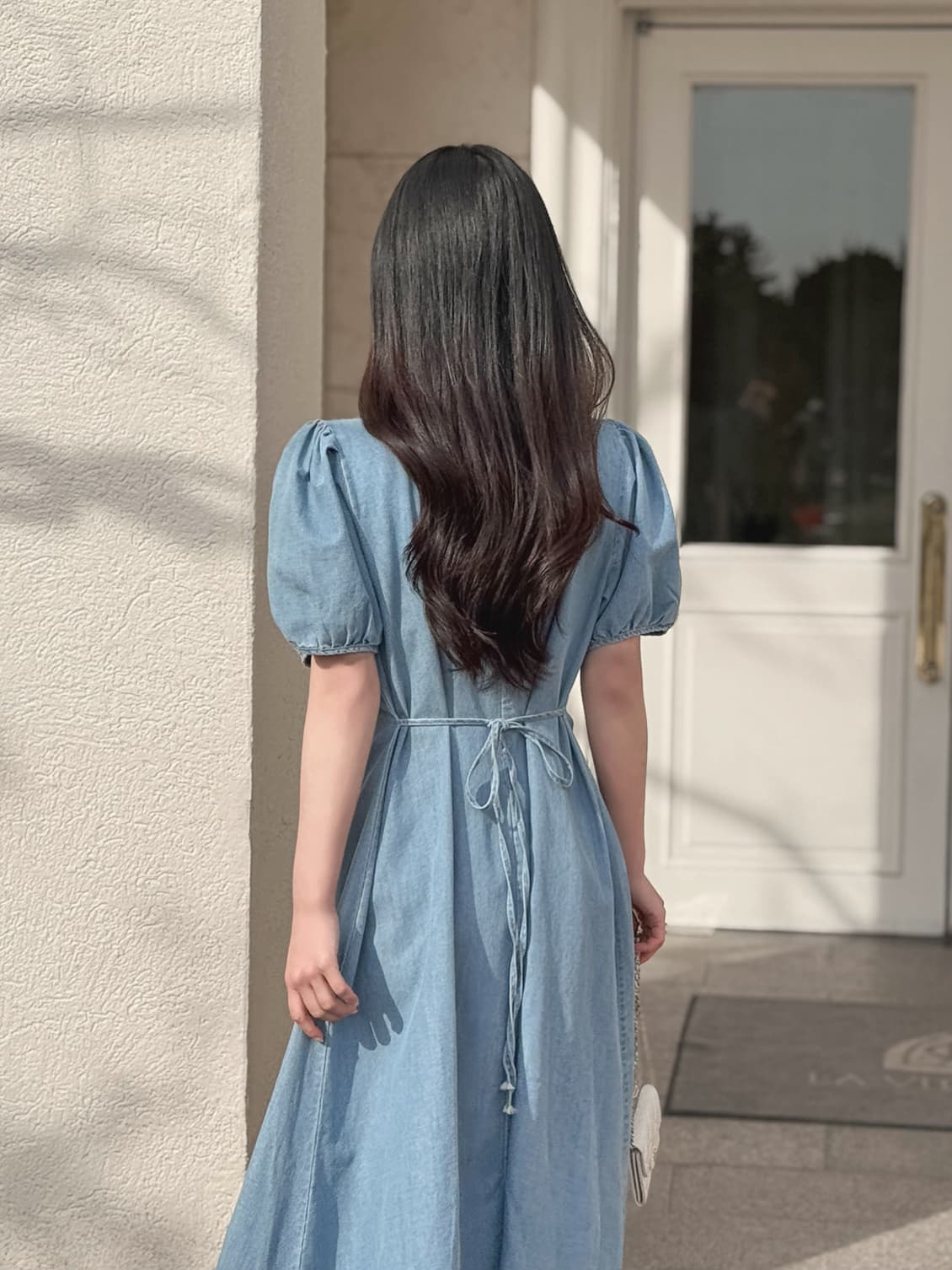 랜턴 반팔 레이스업 데님 드레스 롱 스커트 여성 한국 스타일 chic 빛 요리 한 패션 허리 수축 슬림해 보이는 상세 이미지 10