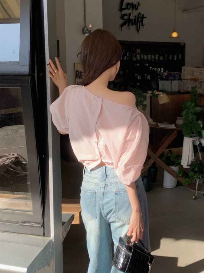 보트넥 오프숄더 벌룬 소매 쉬폰 블라우스 여성 셔츠 한국 스타일 chic