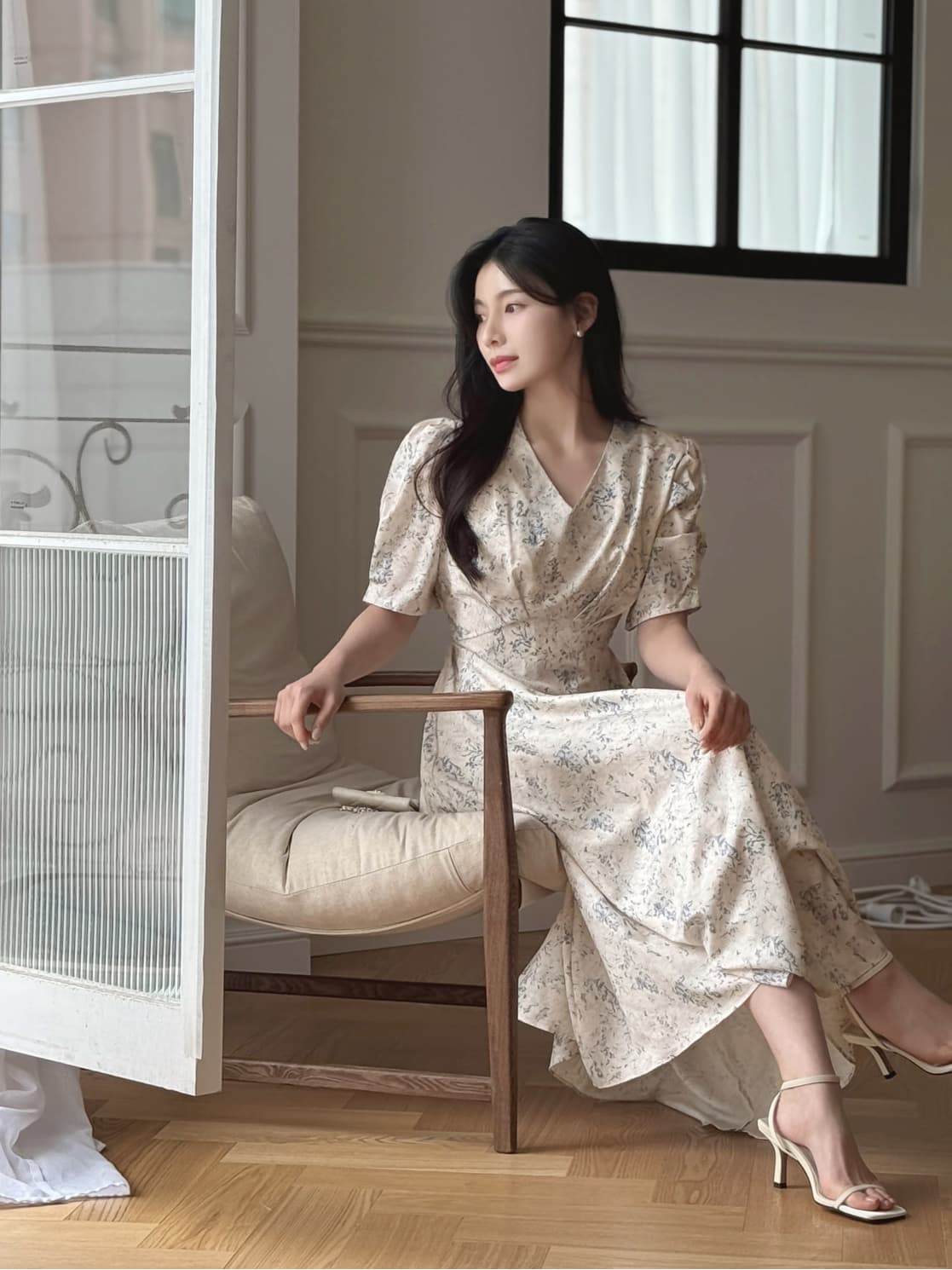 V넥 프린트 부서 벨트 허리 수축 드레스 롱 스커트 한국 스타일 chic 상세 이미지 4