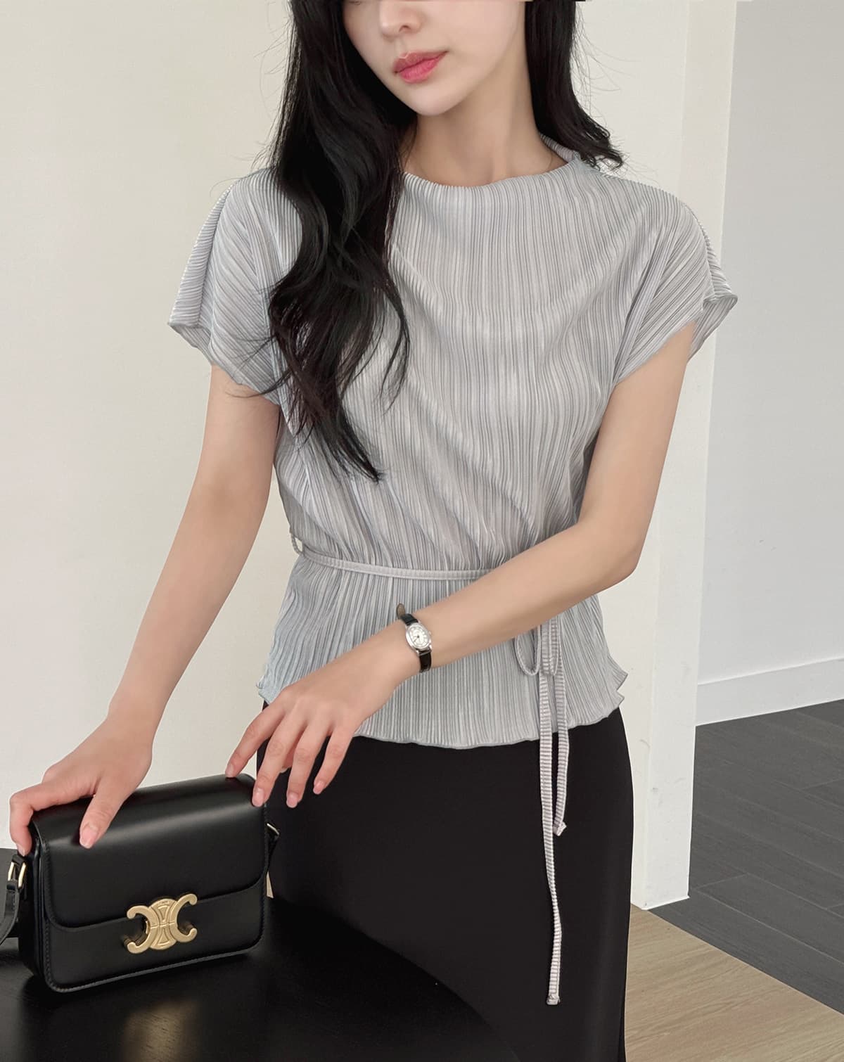 주름 장식 반팔 부서 벨트 셔츠 티셔츠 한국 스타일 chic 이미지 2