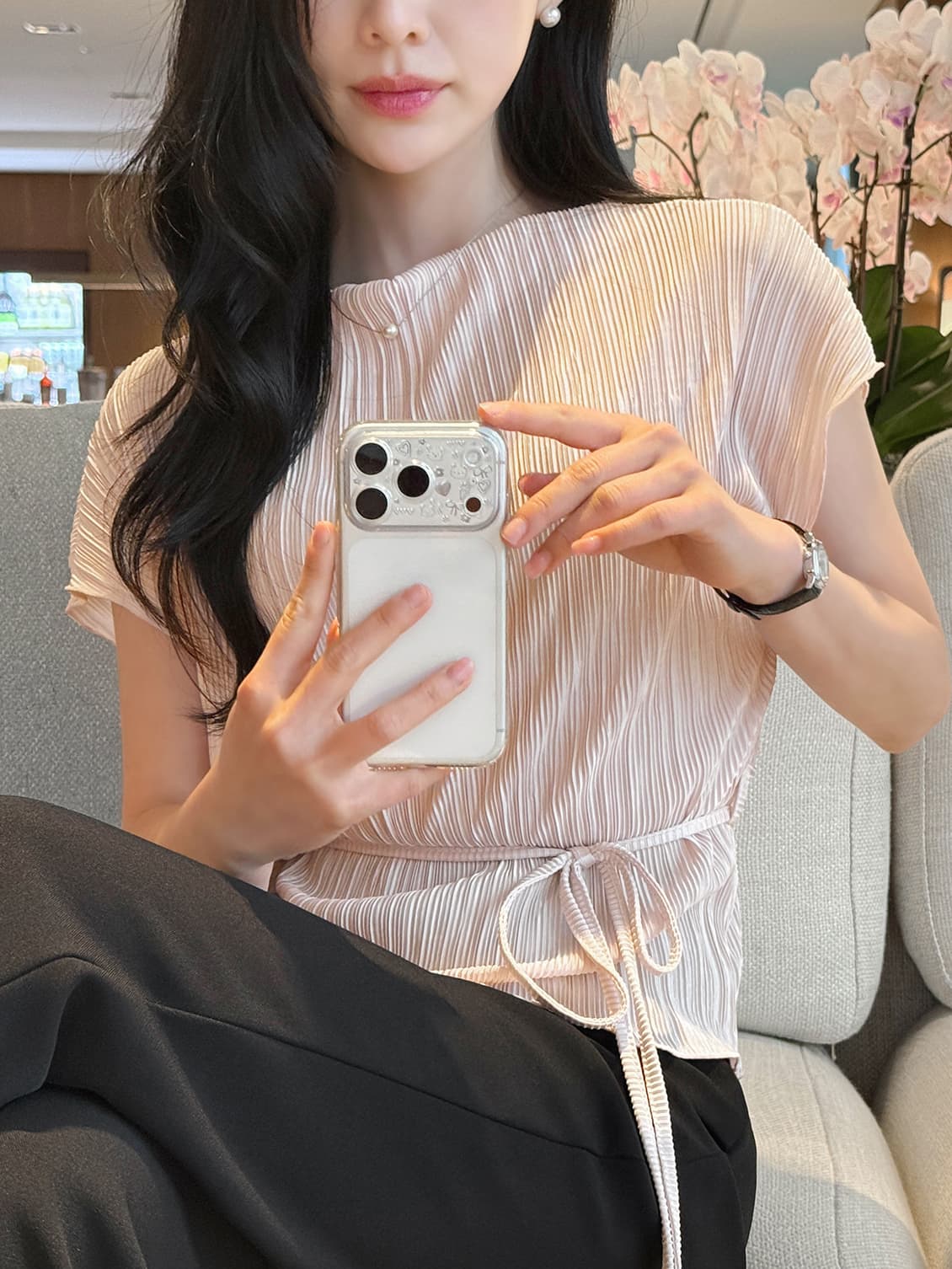 주름 장식 반팔 부서 벨트 셔츠 티셔츠 한국 스타일 chic