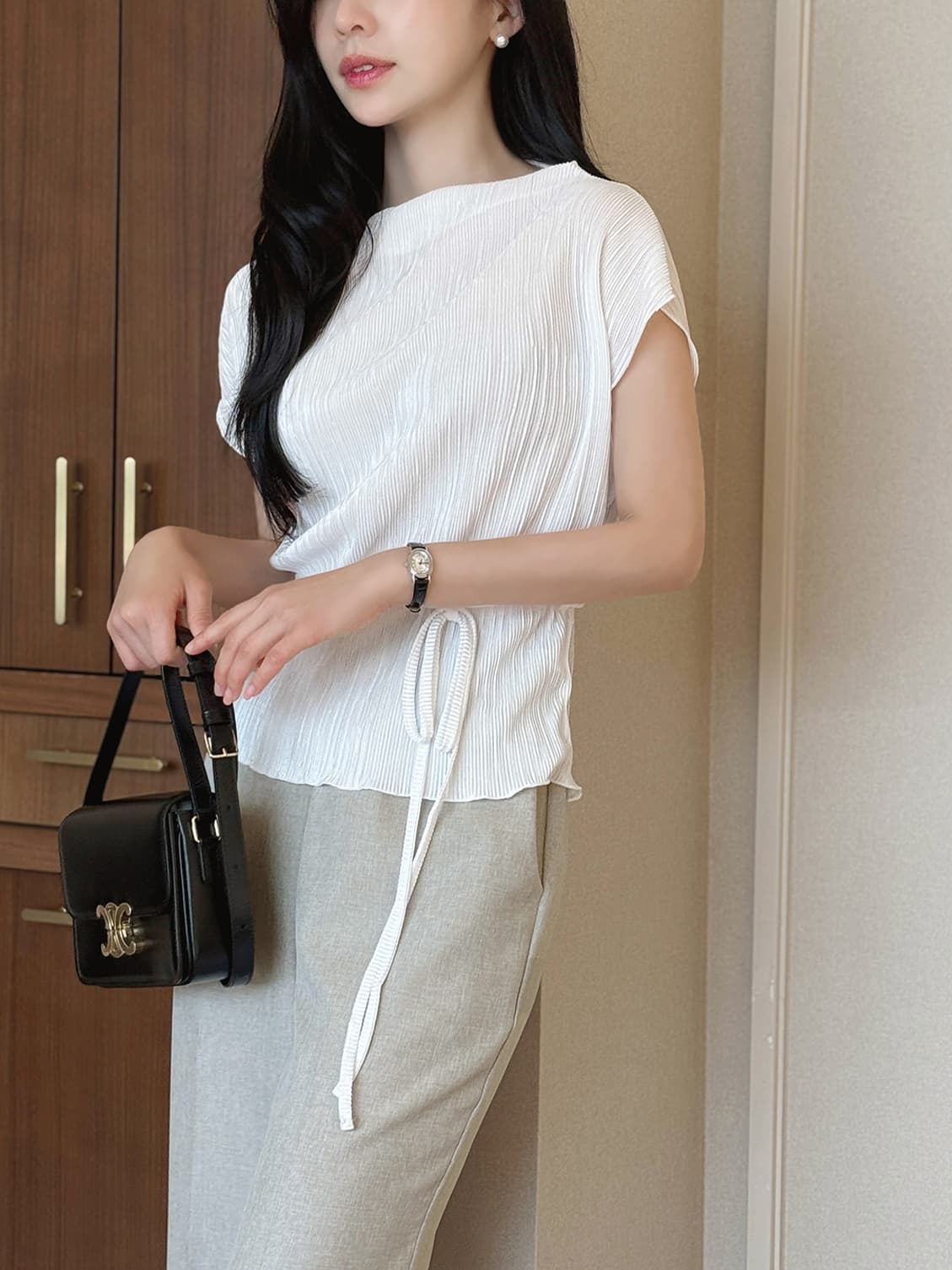 주름 장식 반팔 부서 벨트 셔츠 티셔츠 한국 스타일 chic 이미지 4