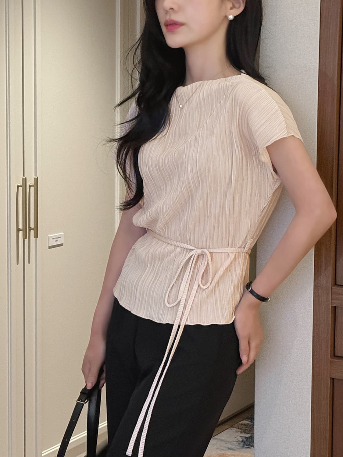 주름 장식 반팔 부서 벨트 셔츠 티셔츠 한국 스타일 chic 상세 이미지 4