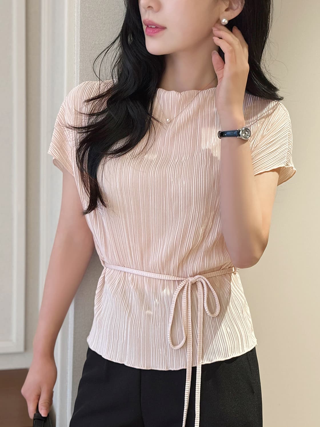 주름 장식 반팔 부서 벨트 셔츠 티셔츠 한국 스타일 chic 상세 이미지 10