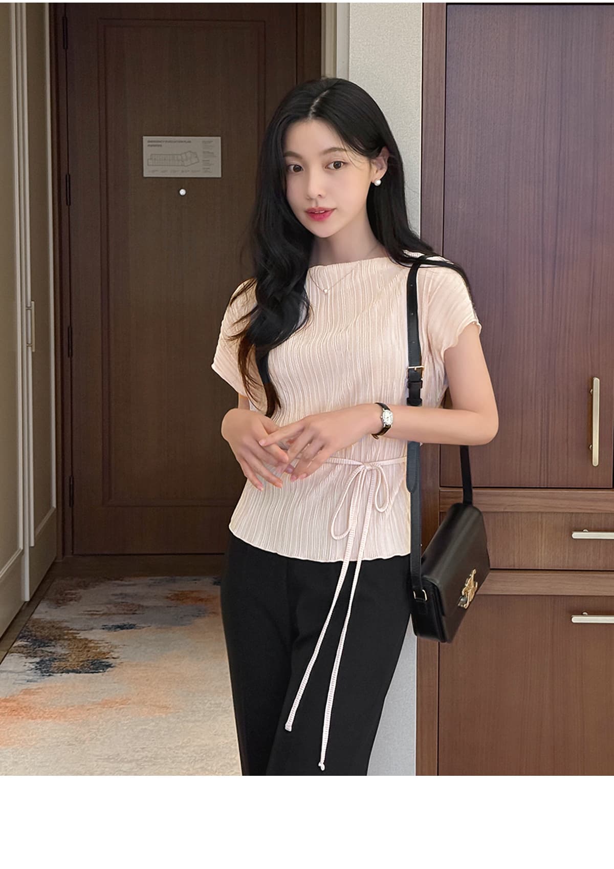 주름 장식 반팔 부서 벨트 셔츠 티셔츠 한국 스타일 chic 상세 이미지 12
