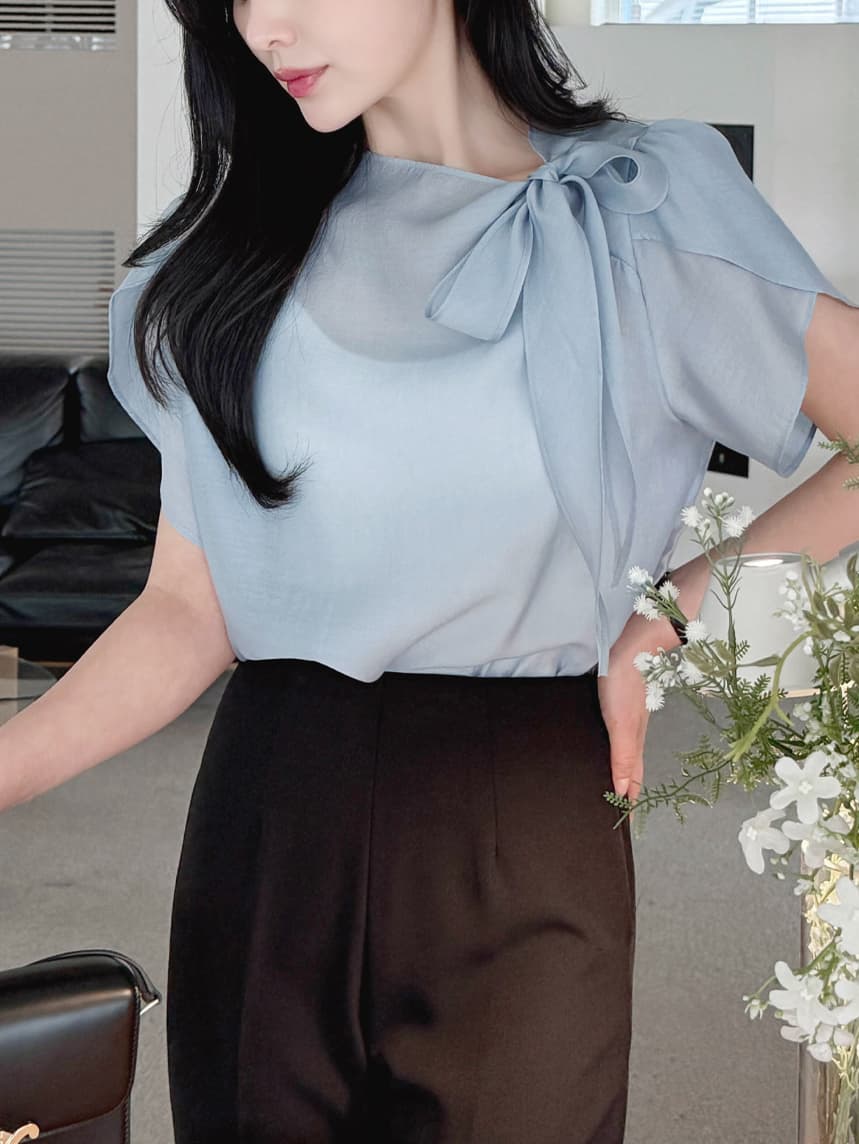 부서 나비 매듭 칼라 Feifei 소매 셔츠 시폰 셔츠 여성 한국 스타일 chic