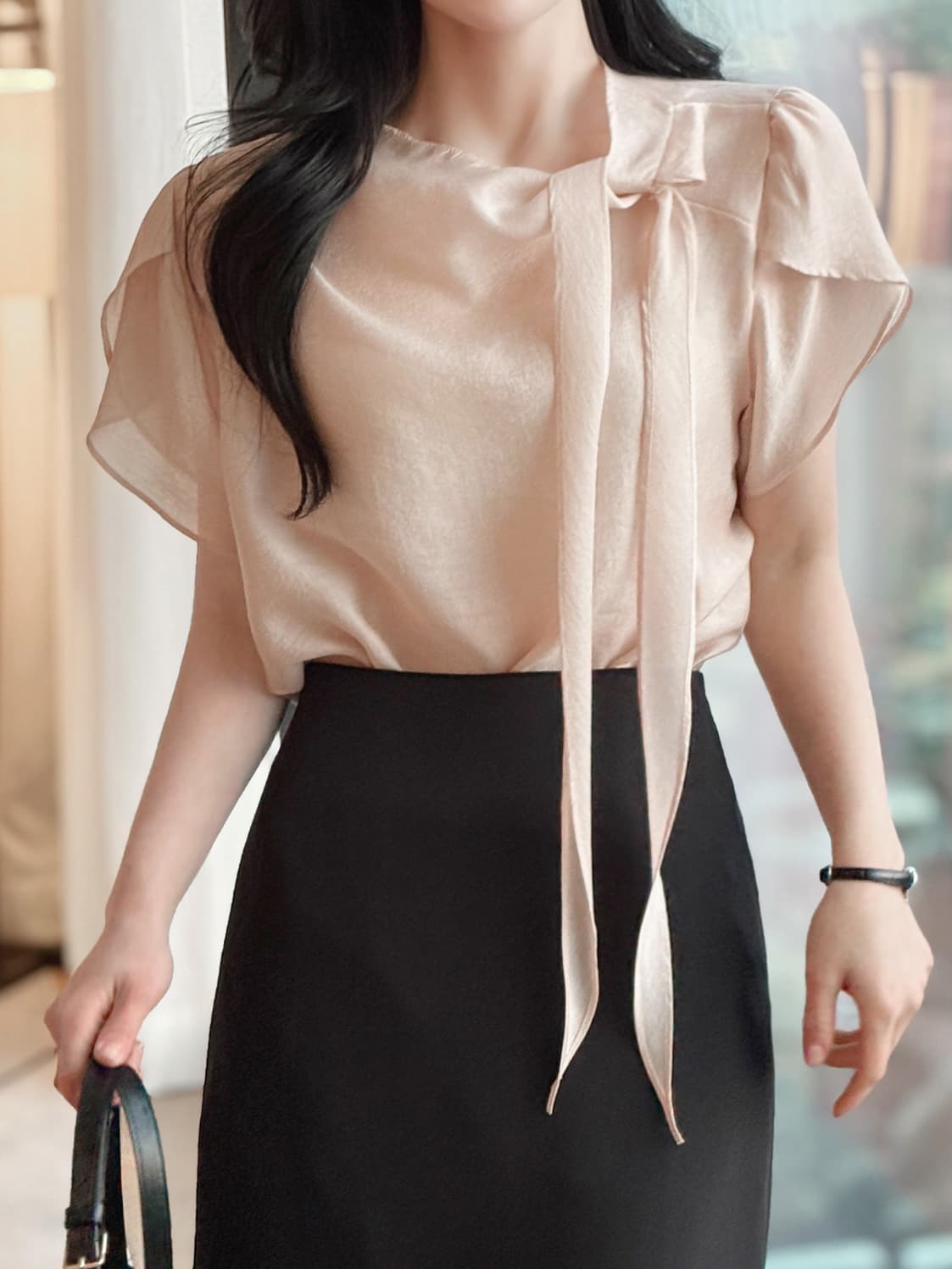 부서 나비 매듭 칼라 Feifei 소매 셔츠 시폰 셔츠 여성 한국 스타일 chic 이미지 3