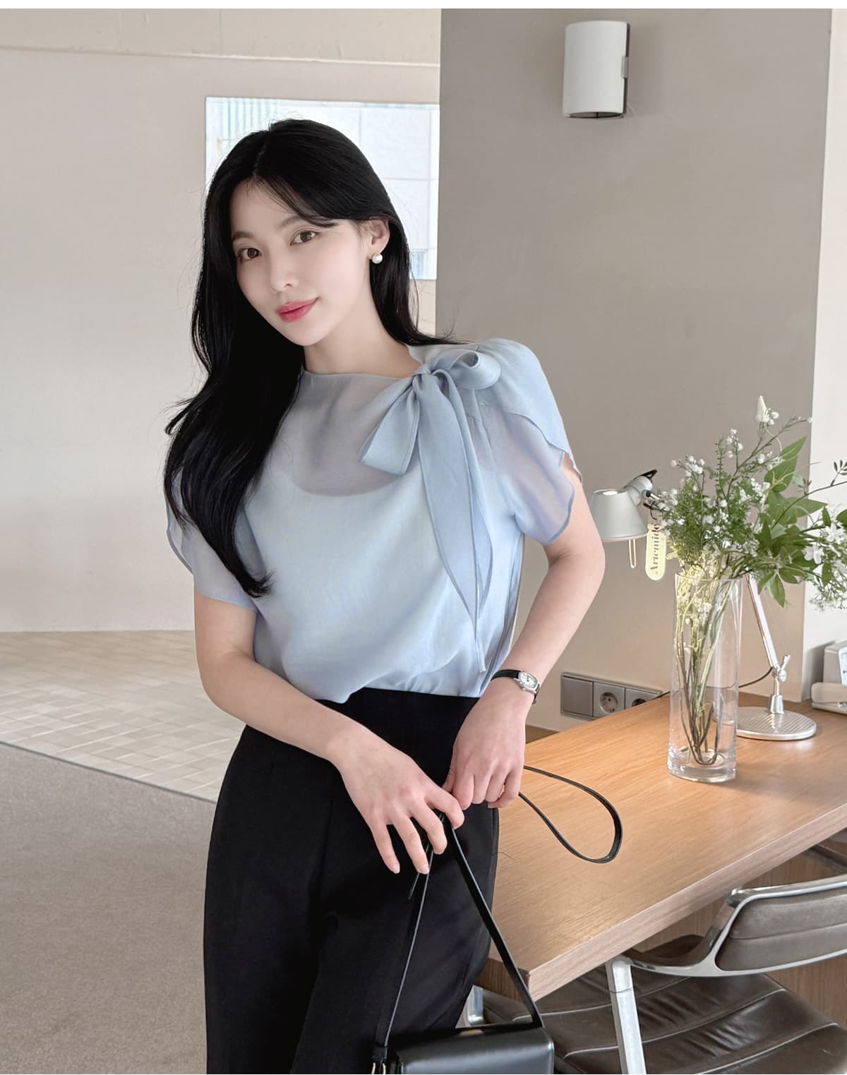 부서 나비 매듭 칼라 Feifei 소매 셔츠 시폰 셔츠 여성 한국 스타일 chic 상세 이미지 15