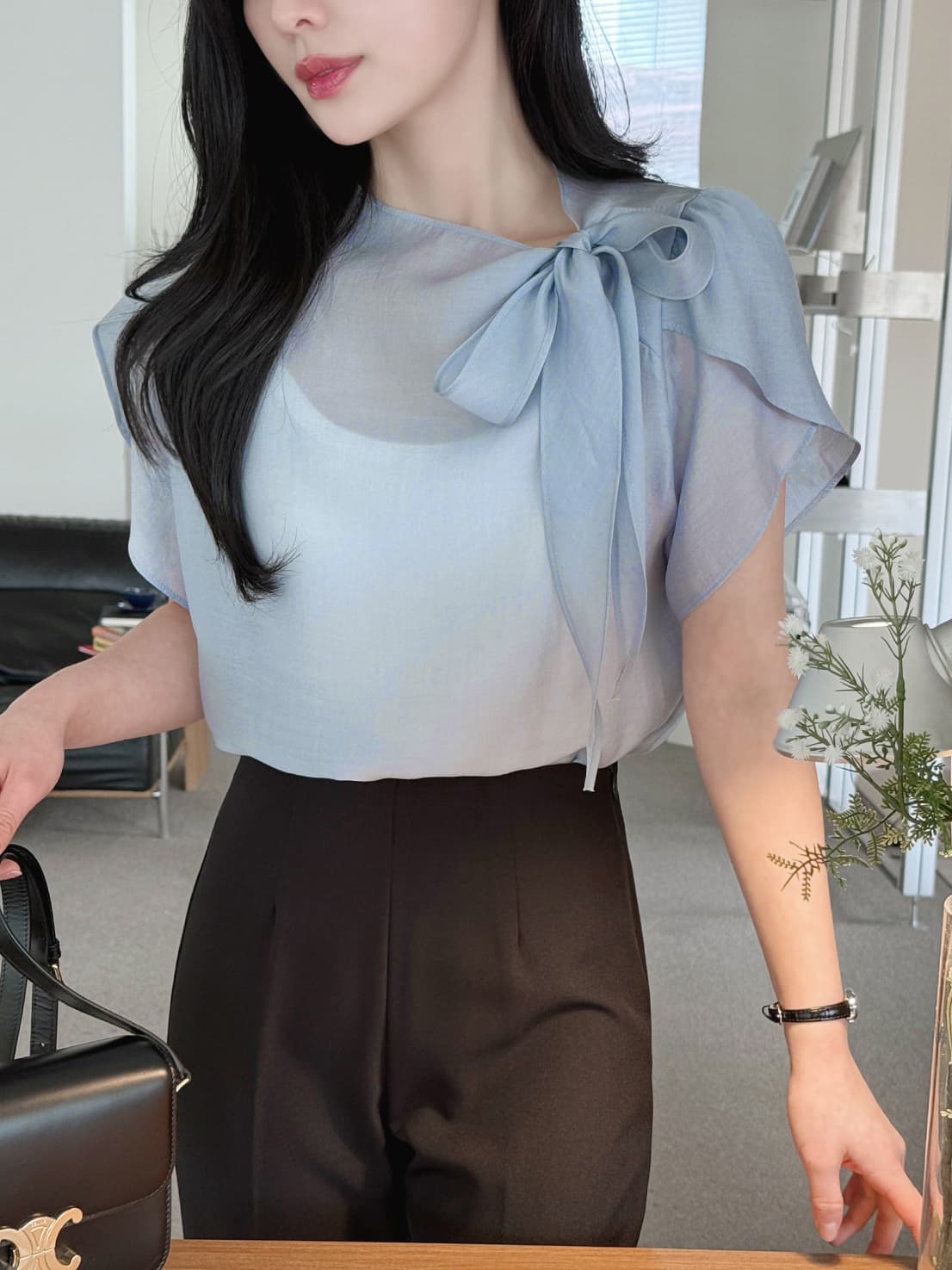부서 나비 매듭 칼라 Feifei 소매 셔츠 시폰 셔츠 여성 한국 스타일 chic 상세 이미지 18