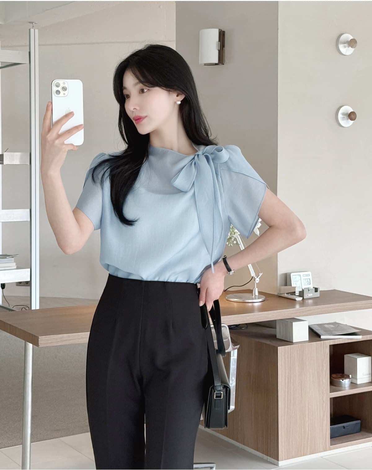 부서 나비 매듭 칼라 Feifei 소매 셔츠 시폰 셔츠 여성 한국 스타일 chic 상세 이미지 22