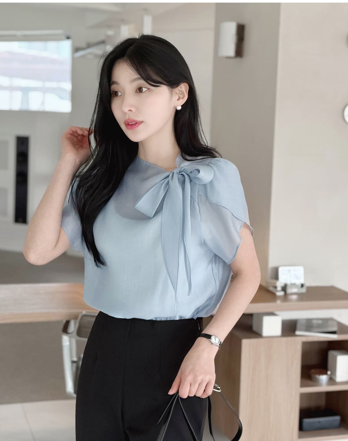 부서 나비 매듭 칼라 Feifei 소매 셔츠 시폰 셔츠 여성 한국 스타일 chic 상세 이미지 25