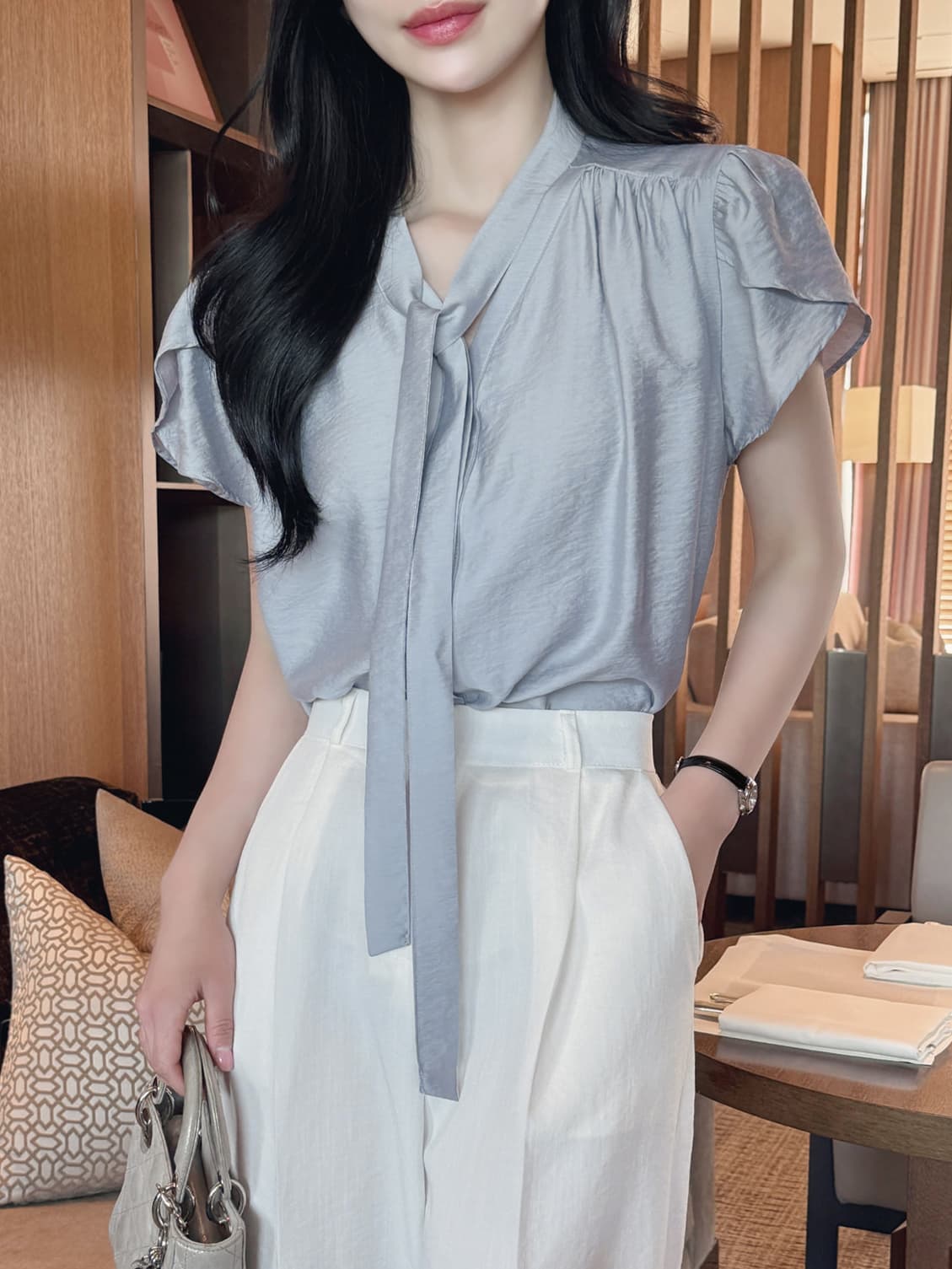 느긋한 레이스업 튤립 반팔 셔츠 한국 스타일 chic