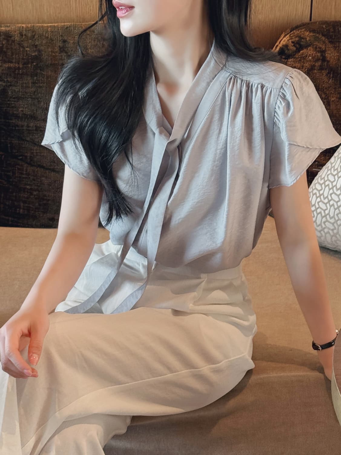 느긋한 레이스업 튤립 반팔 셔츠 한국 스타일 chic 이미지 2