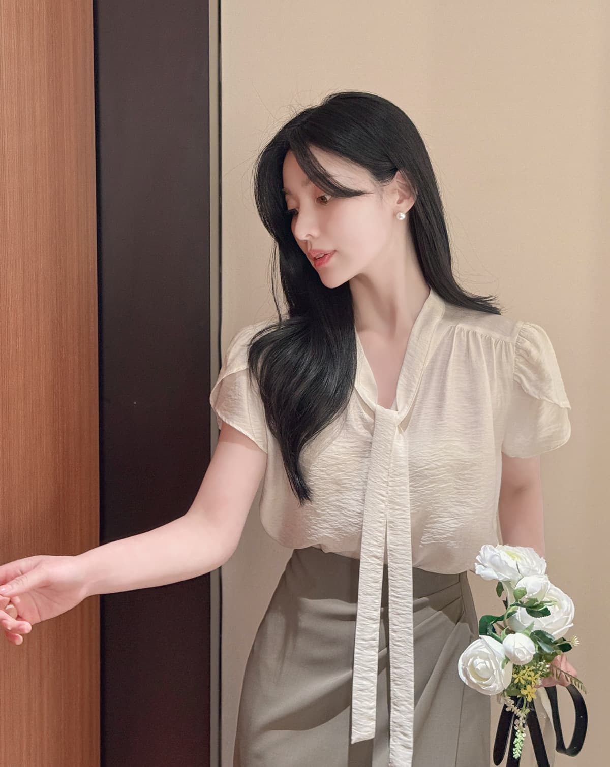 느긋한 레이스업 튤립 반팔 셔츠 한국 스타일 chic 상세 이미지 14