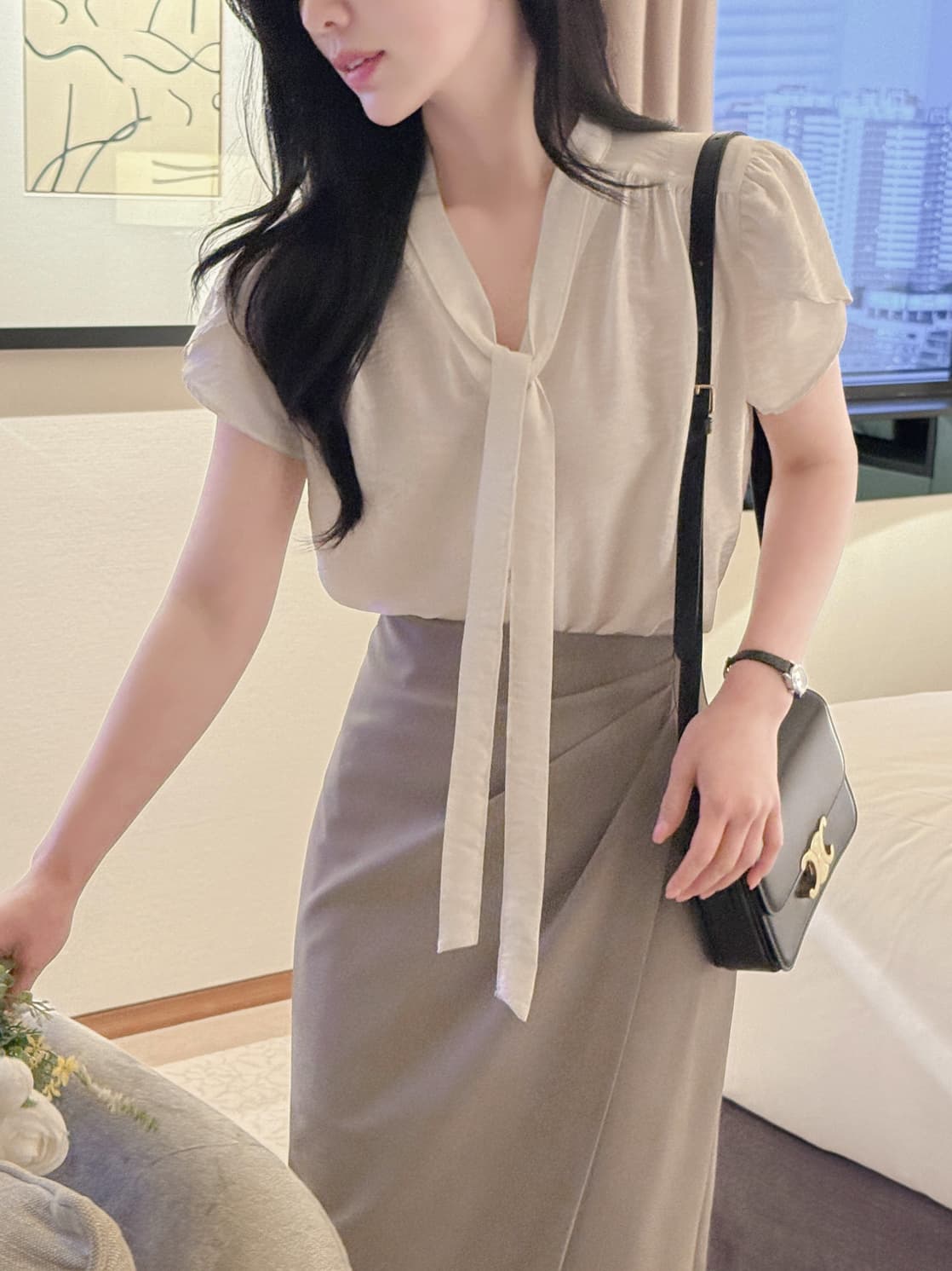 느긋한 레이스업 튤립 반팔 셔츠 한국 스타일 chic 상세 이미지 17