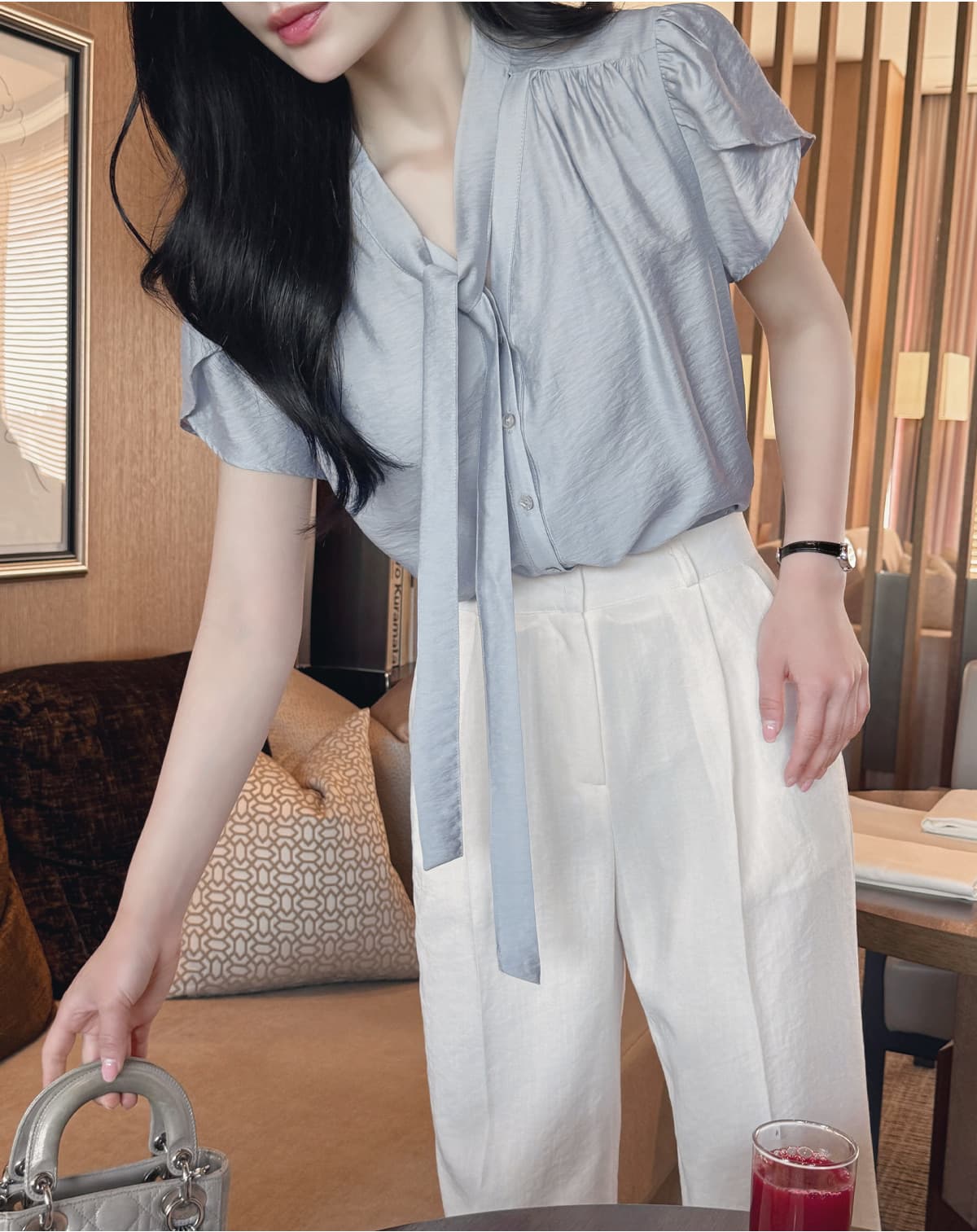 느긋한 레이스업 튤립 반팔 셔츠 한국 스타일 chic 상세 이미지 20