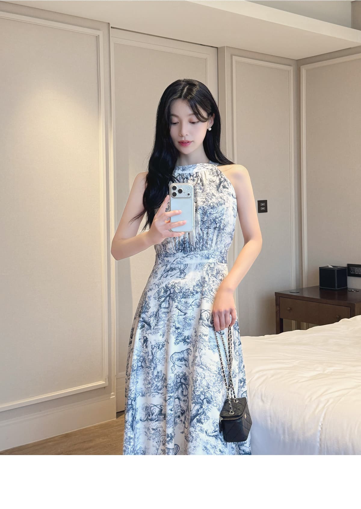 청화 백자 프린트 행침 목 몸매 가꾸기 레이스업 슬립 드레스 롱 스커트 한국 스타일 chic 상세 이미지 10