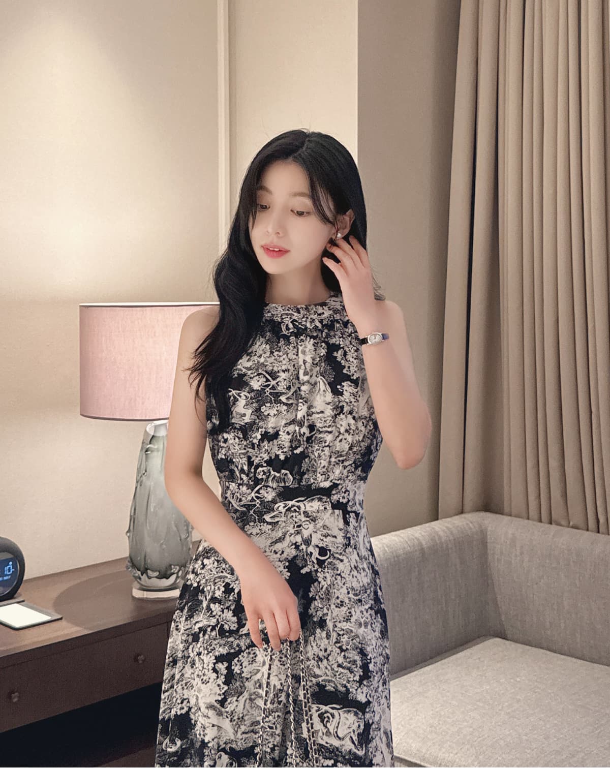 청화 백자 프린트 행침 목 몸매 가꾸기 레이스업 슬립 드레스 롱 스커트 한국 스타일 chic 상세 이미지 16